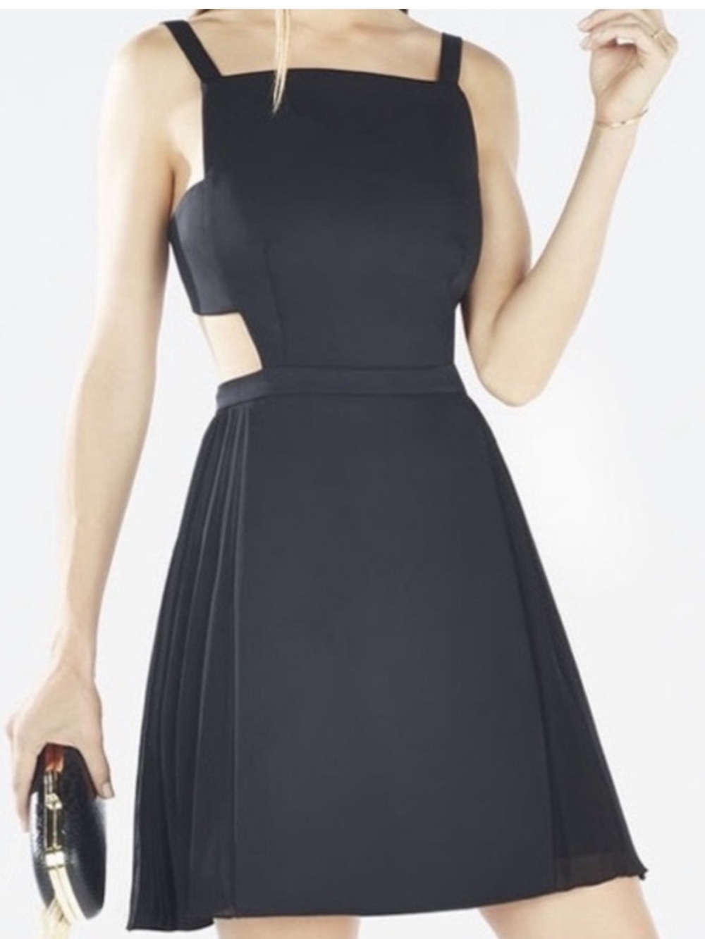 BCBGMaxazria Brielle Open Back Satin Pleated Mini Dress